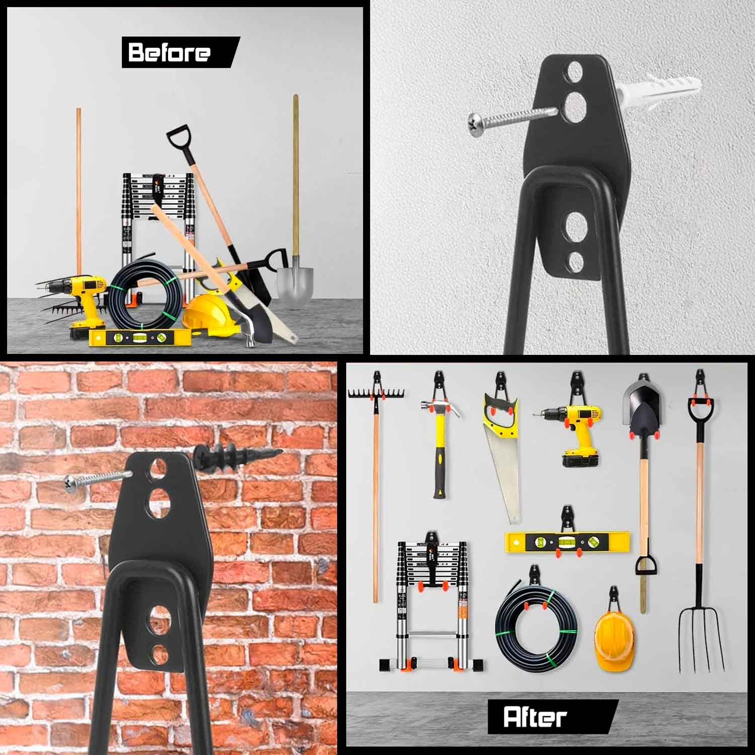 Set Square Medium - 7 ganci da garage per carichi pesanti, ganci da parete forma squadrata 13x13 cm, doppio braccio antiscivolo