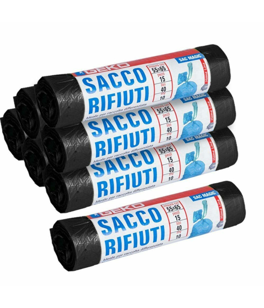 7 X Rotoli Sacchetti Buste Spazzatura 40lt 55x65cm Chiusura Laccetto Nero 105pz         