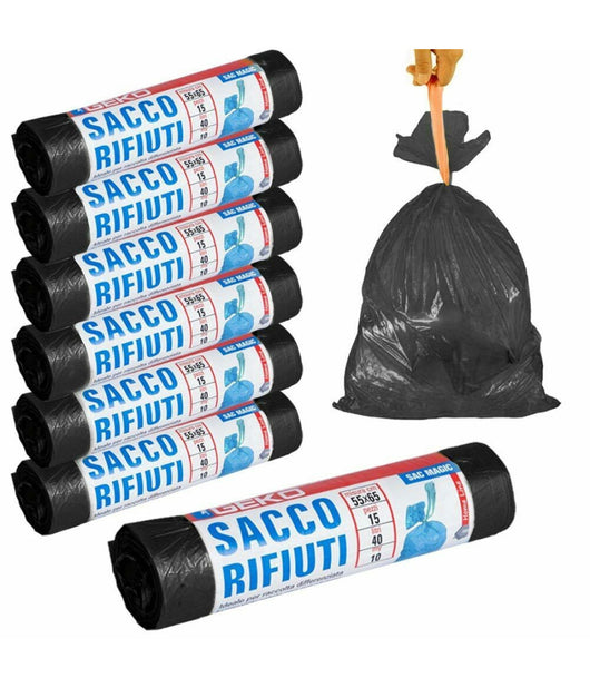 7 X Rotoli Sacchetti Buste Spazzatura 40lt 55x65cm Chiusura Laccetto Nero 105pz         