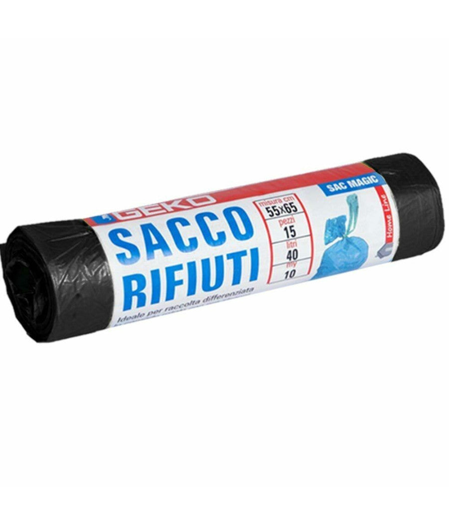 7 X Rotoli Sacchetti Buste Spazzatura 40lt 55x65cm Chiusura Laccetto Nero 105pz         