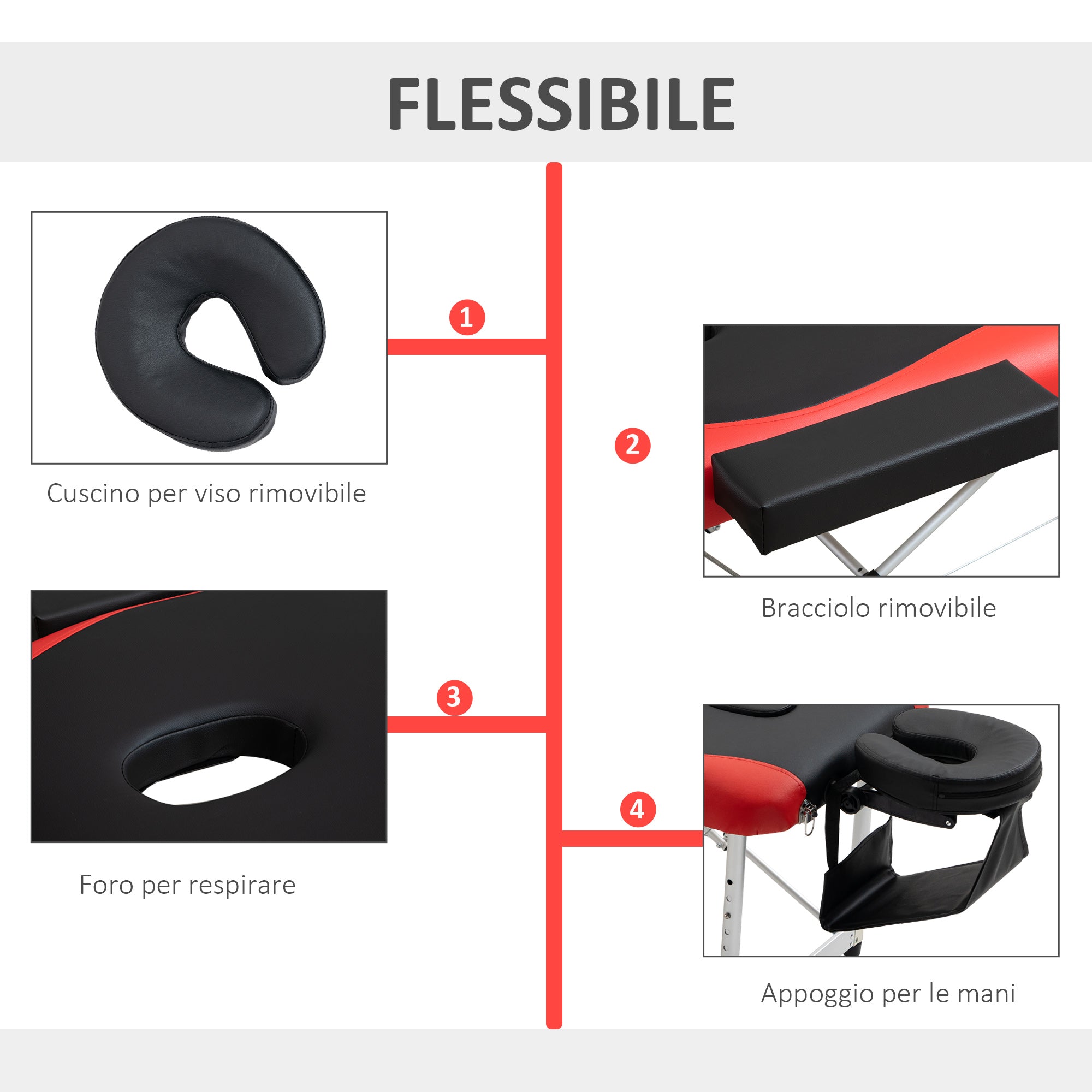 Easycomfort Lettino Massaggi Portatile, Pieghevole e Professionale in Alluminio per Estetista, Terapista, SPA, Rosso e Nero, 215x60x61-84cm