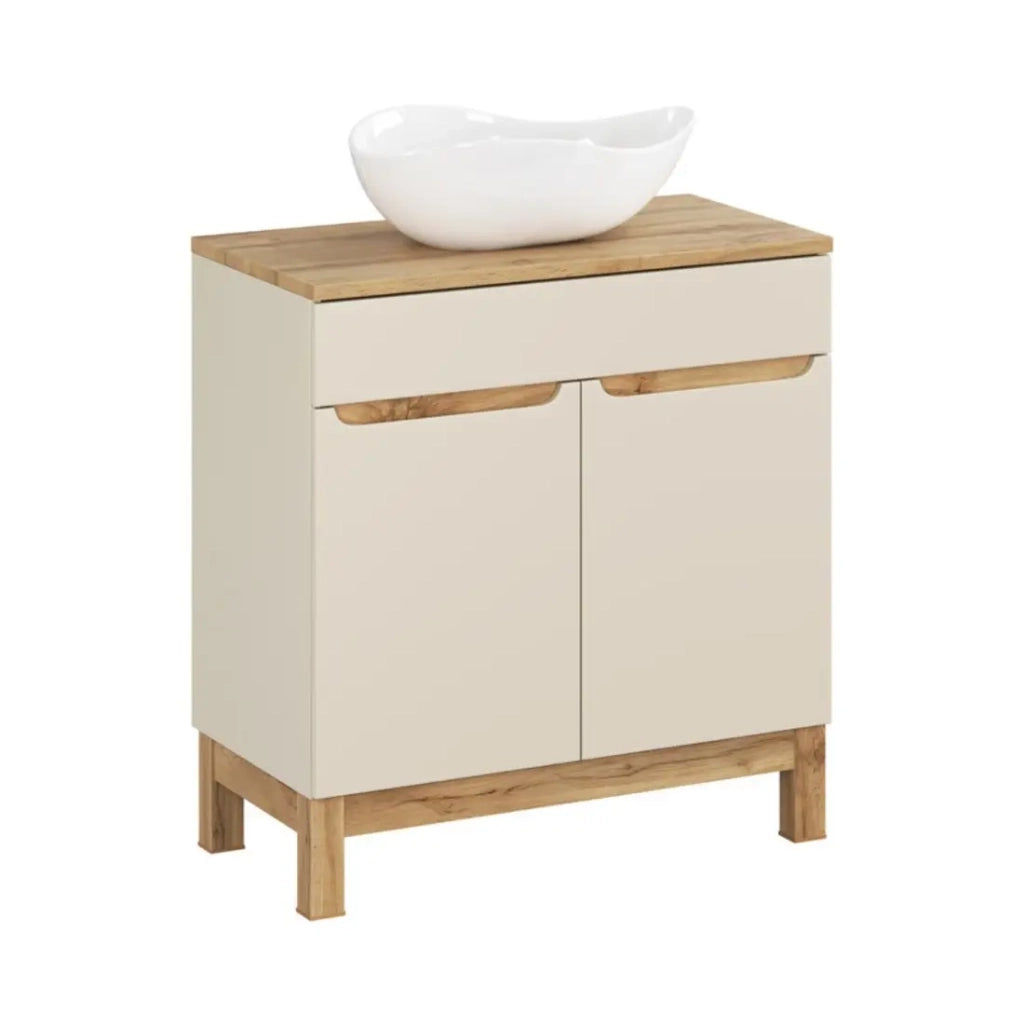 Set ERMANO in cashmere e finitura rovere 80cm: mobile sotto lavabo + piano per lavabo + lavabo da appoggio bianco asimmetrico