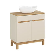 Set ERMANO in cashmere e finitura rovere 80cm: mobile sotto lavabo + piano per lavabo + lavabo da appoggio bianco asimmetrico