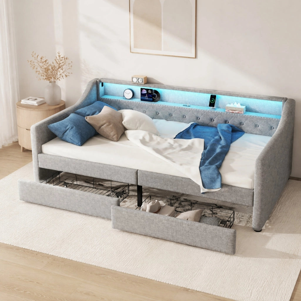 Divano letto 90x200 cm con LED, USB e 2 cassetti grigio