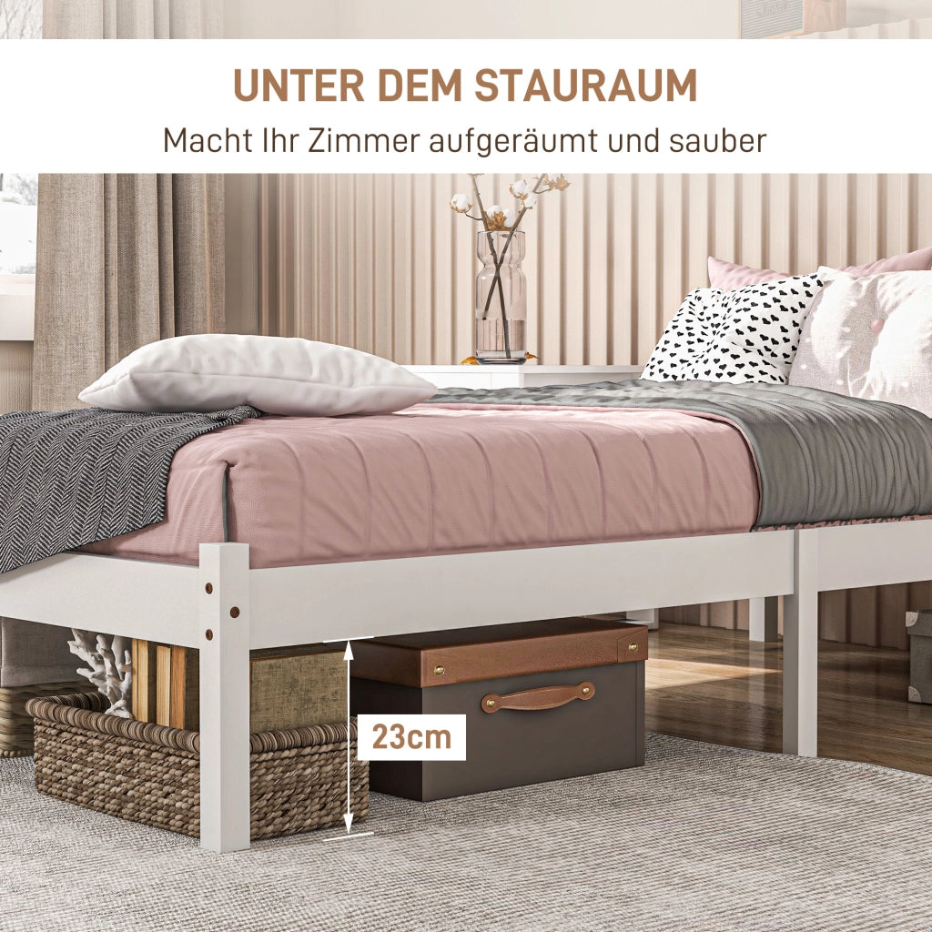 Struttura letto in legno 208 x 96 cm con rete a doghe e testiera, elegante letto singolo per camera da letto in bianco