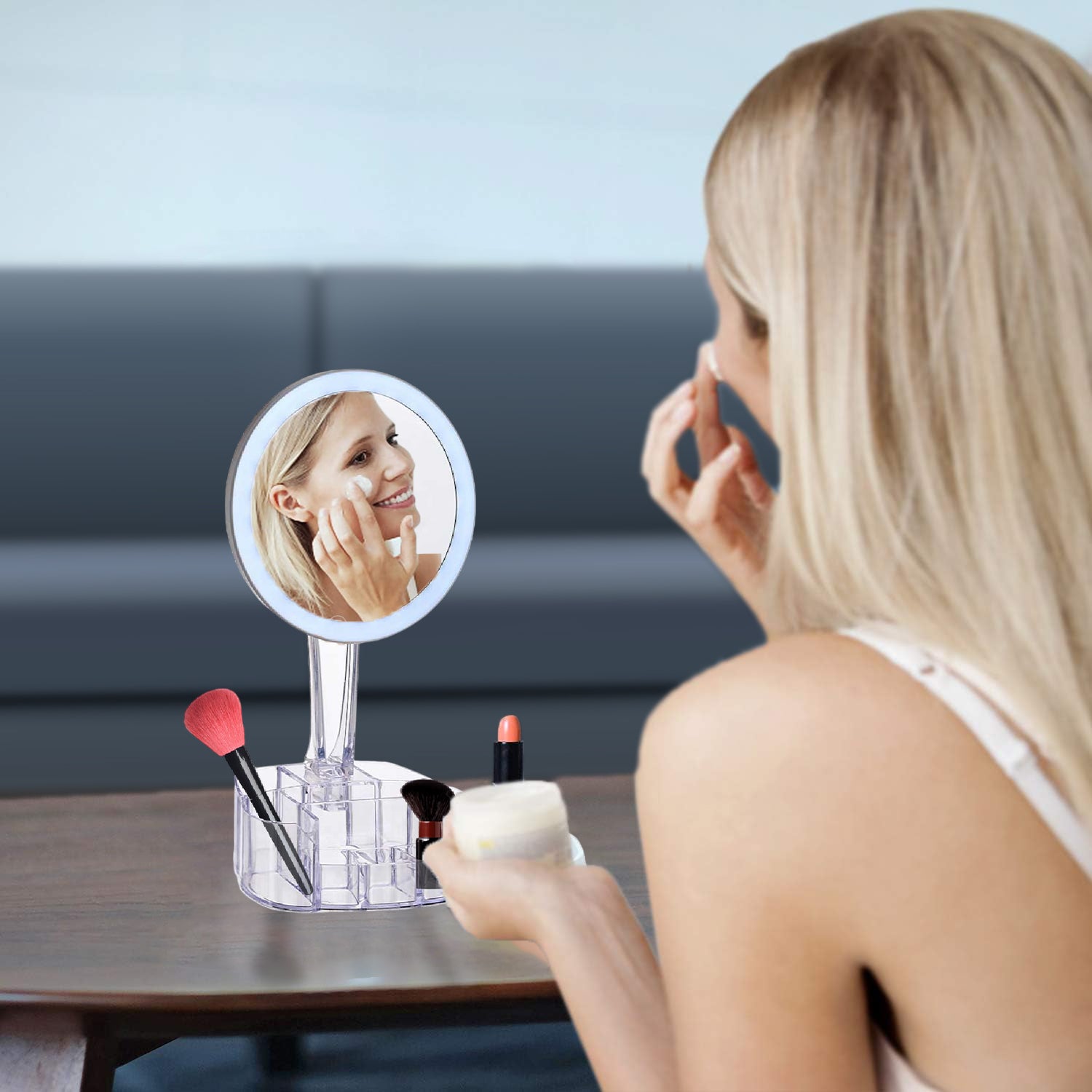 Specchio da Trucco con Luce Led e Porta Accessori Trasparente Ingrandimento 1X