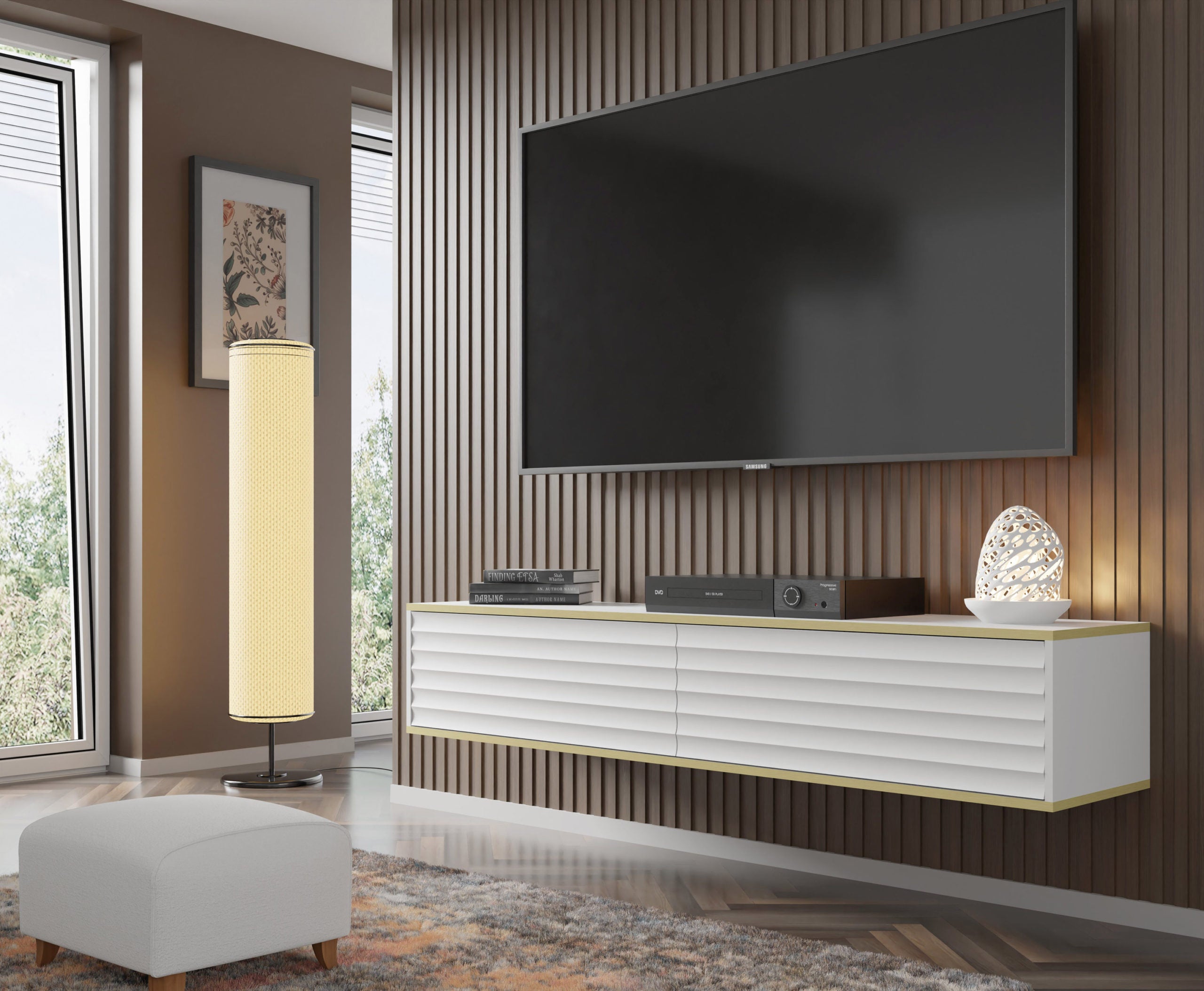 Mobile tv sospeso WABI cm 180x40x33h bianco opaco bordo oro