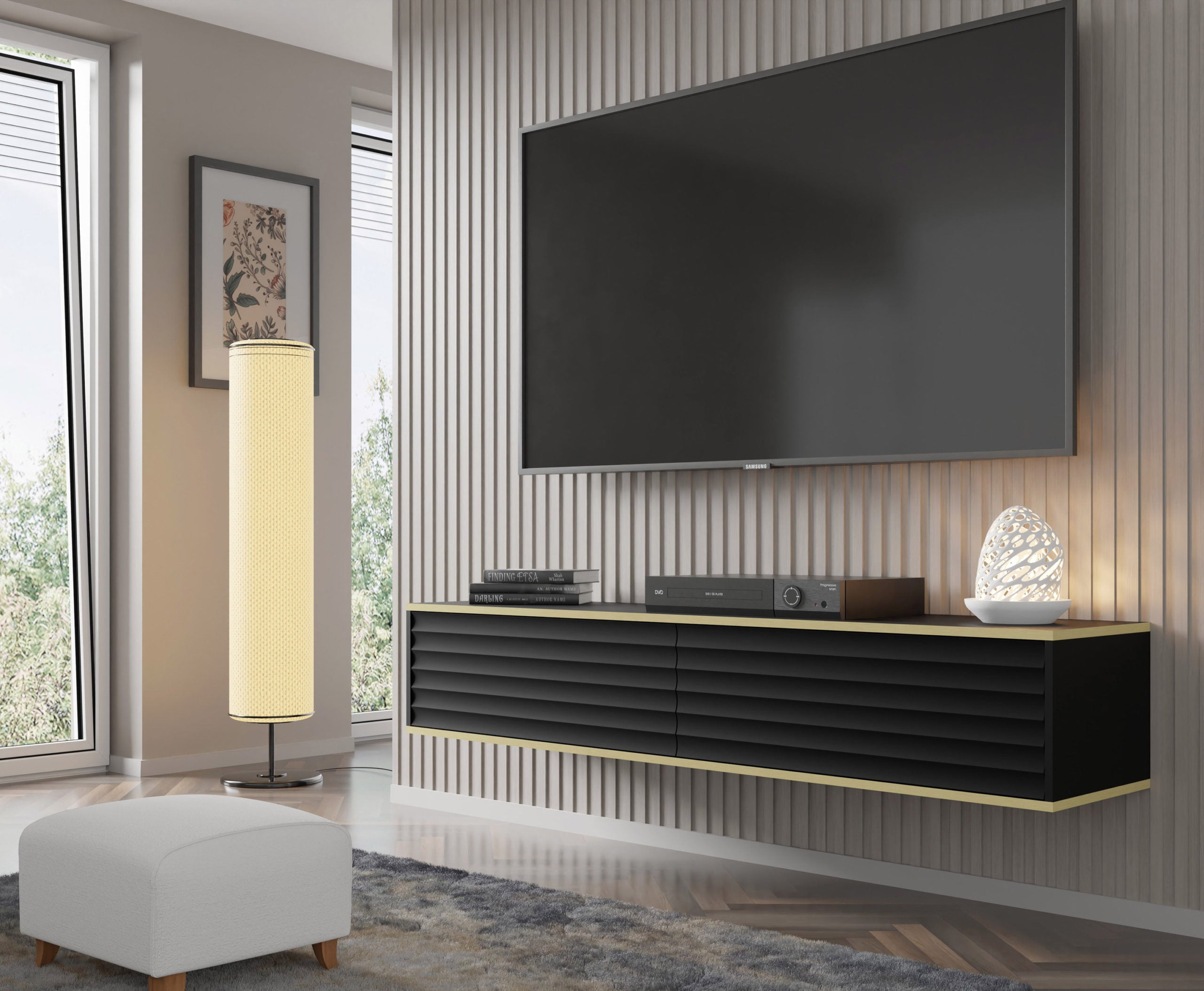 Mobile tv sospeso WABI cm 180x40x33h nero opaco bordo oro