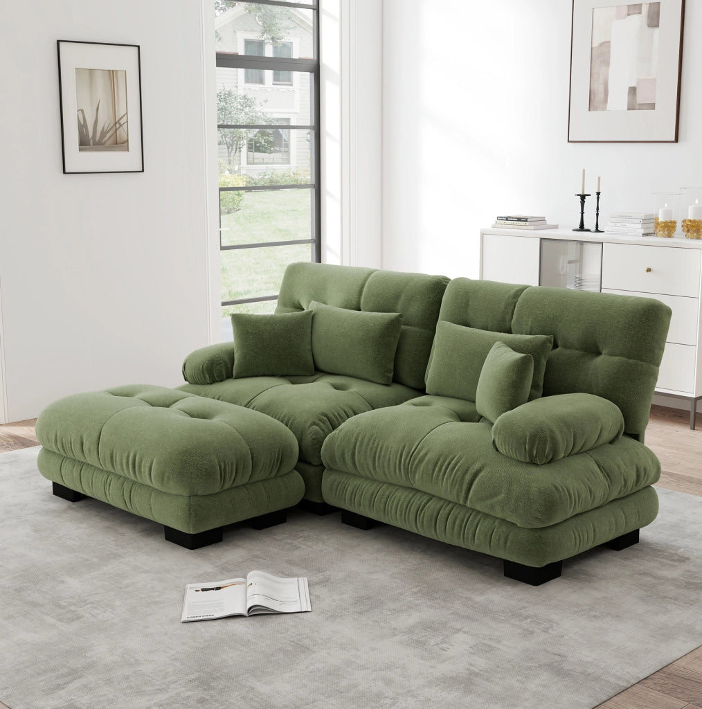 Divano modulare in chenille verde con ottomani abbinati