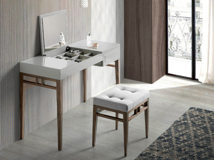 Comodino in legno grigio e noce con specchio