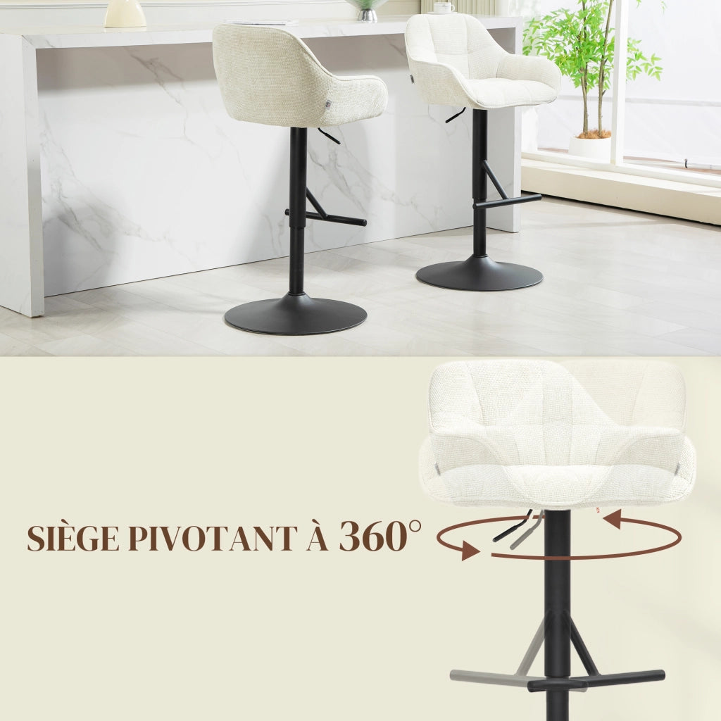Set 2 Sgabelli Bar Regolabili ¨C Xylo ¨C Tessuto Effetto Lino Crema Base Acciaio 52x53x86-108cm