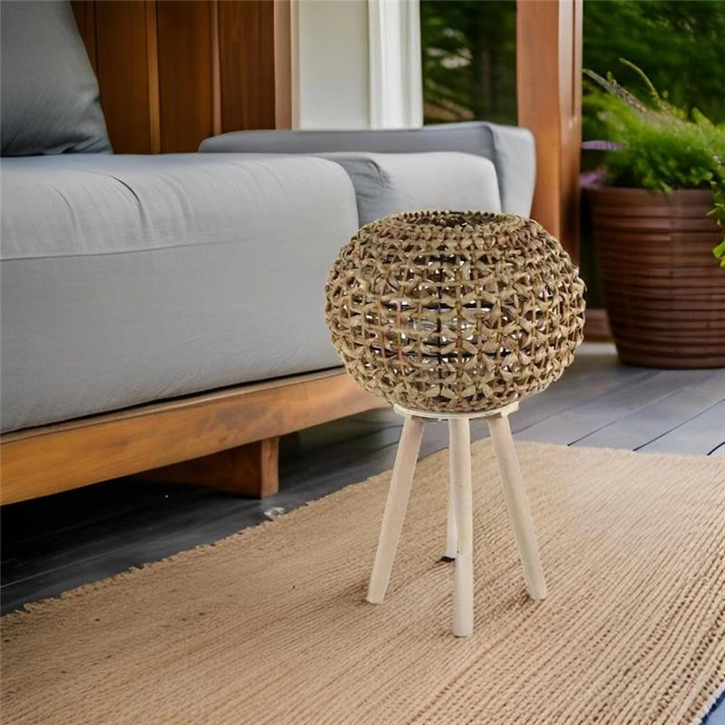 LANTERNA PORTACANDELA NATURALE TONDA STRUTTURA IN METALLO CON INTRECCIO IN BAMBÙ E BICCHIERE IN VETRO 36X60 CM