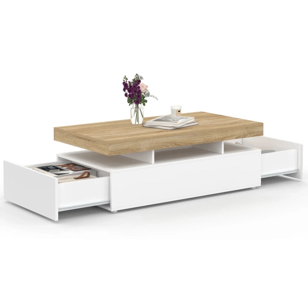 IDMarket - Tavolino rettangolare a 2 cassetti ELSA in legno bianco con piano in faggio