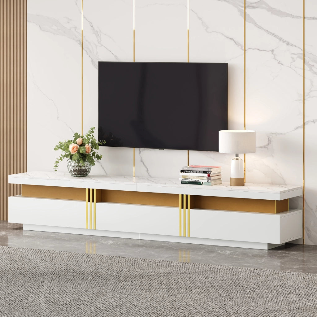 Mobile TV con 3 Cassetti e Passacavi; Piano Effetto Marmo; Stile Moderno; in Pannello Truciolare; 200??40??42 cm; Bianco