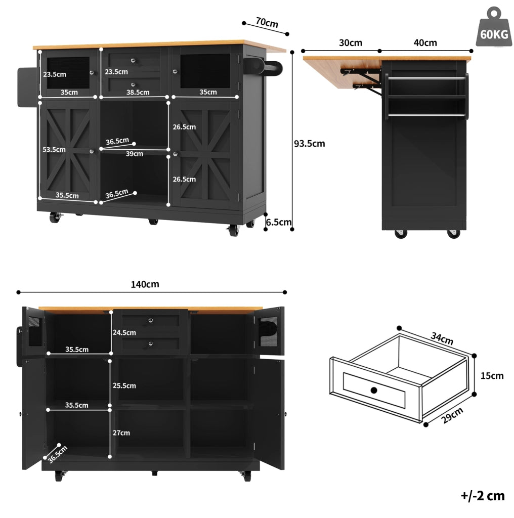 Isola da cucina mobile con piano pieghevole nero 140 cm