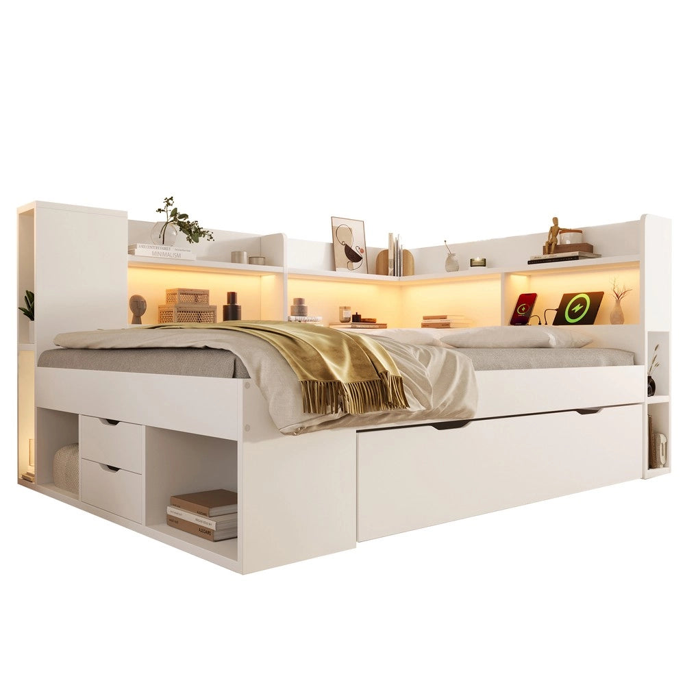 Letto Singolo 90x200 con LED, Cassetti, Ripiani e Rete a Doghe ¨C Xylo ¨C Bianco, Legno