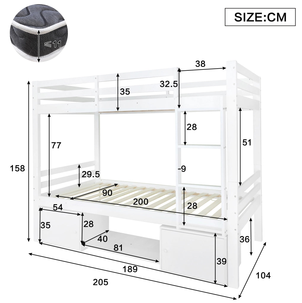Letto a castello bianco 90x200 cm con contenitori