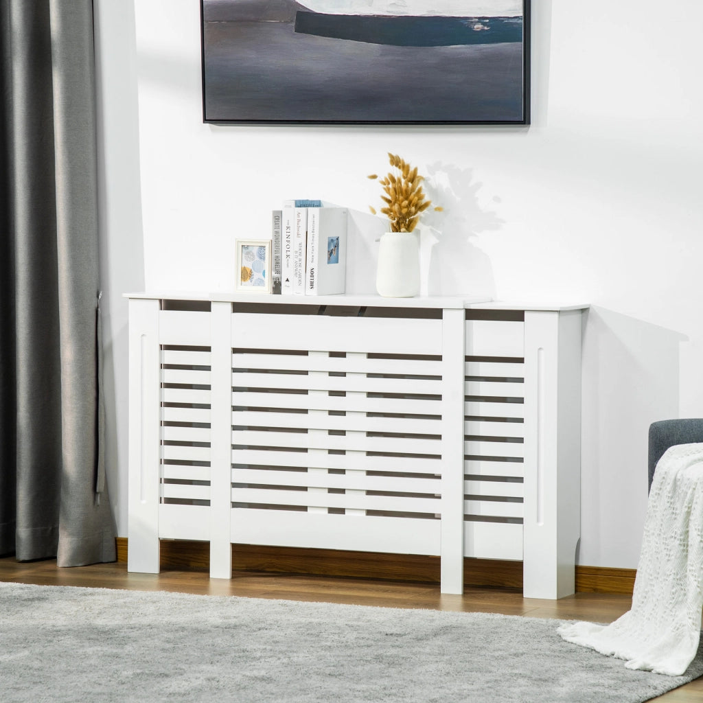 Mobile Copricalorifero Larghezza Regolabile e Mensola Superiore in MDF e Legno, 140-202x19x82.5cm, Bianco