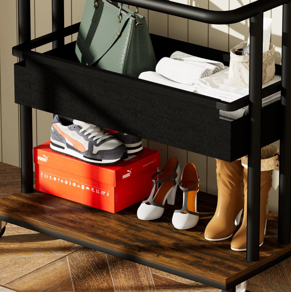 Appendiabiti mobile in metallo vintage marrone con specchio e cesto, 70x40x170 cm