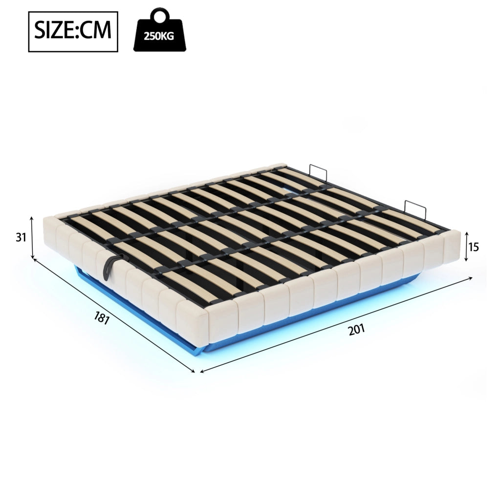 Letto imbottito 180x200 cm beige con contenitore, LED e senza testiera