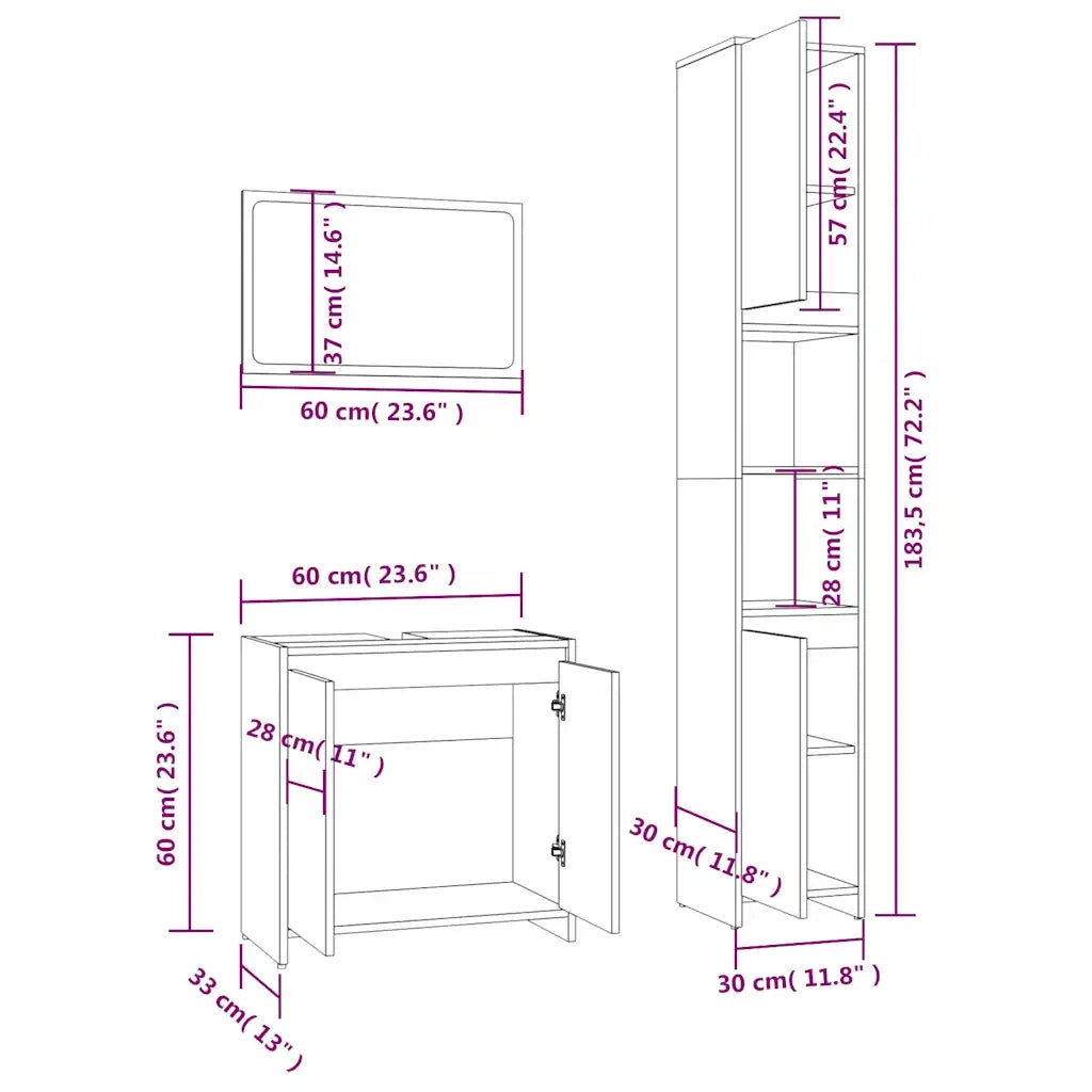 Set Mobili da Bagno 3 pz Grigio Sonoma in Legno Multistrato 3152720