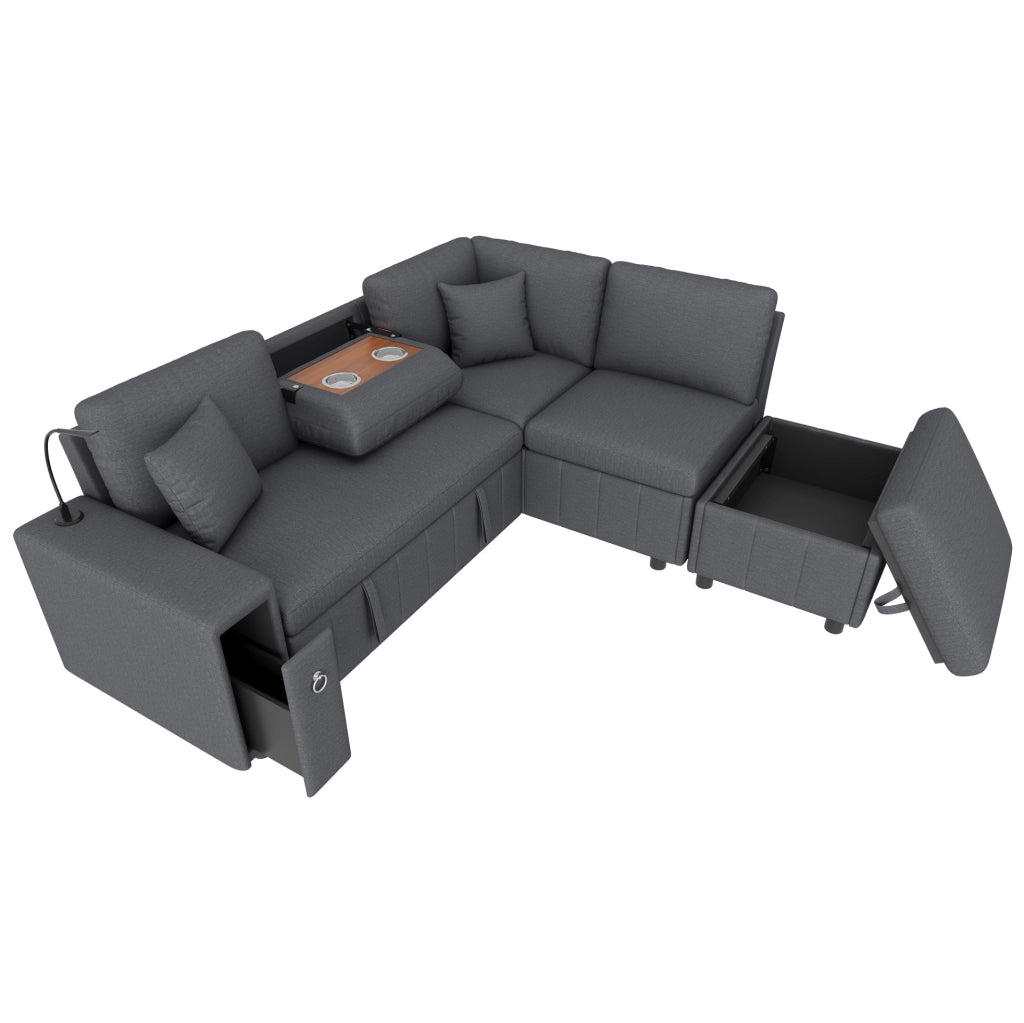 Divano angolare modulare 5 posti con letto estraibile; pouf contenitore; USB e Type-C; grigio