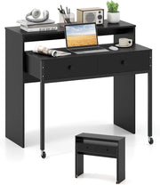 Scrivania per Computer, Tavolo Salvaspazio Retrattile con Cassetti e Ruote Universali Bloccabile, 100 x 63 x 88 cm, Desk Gaming per Ufficio, Soggiorno e Camera da Letto (Nero)