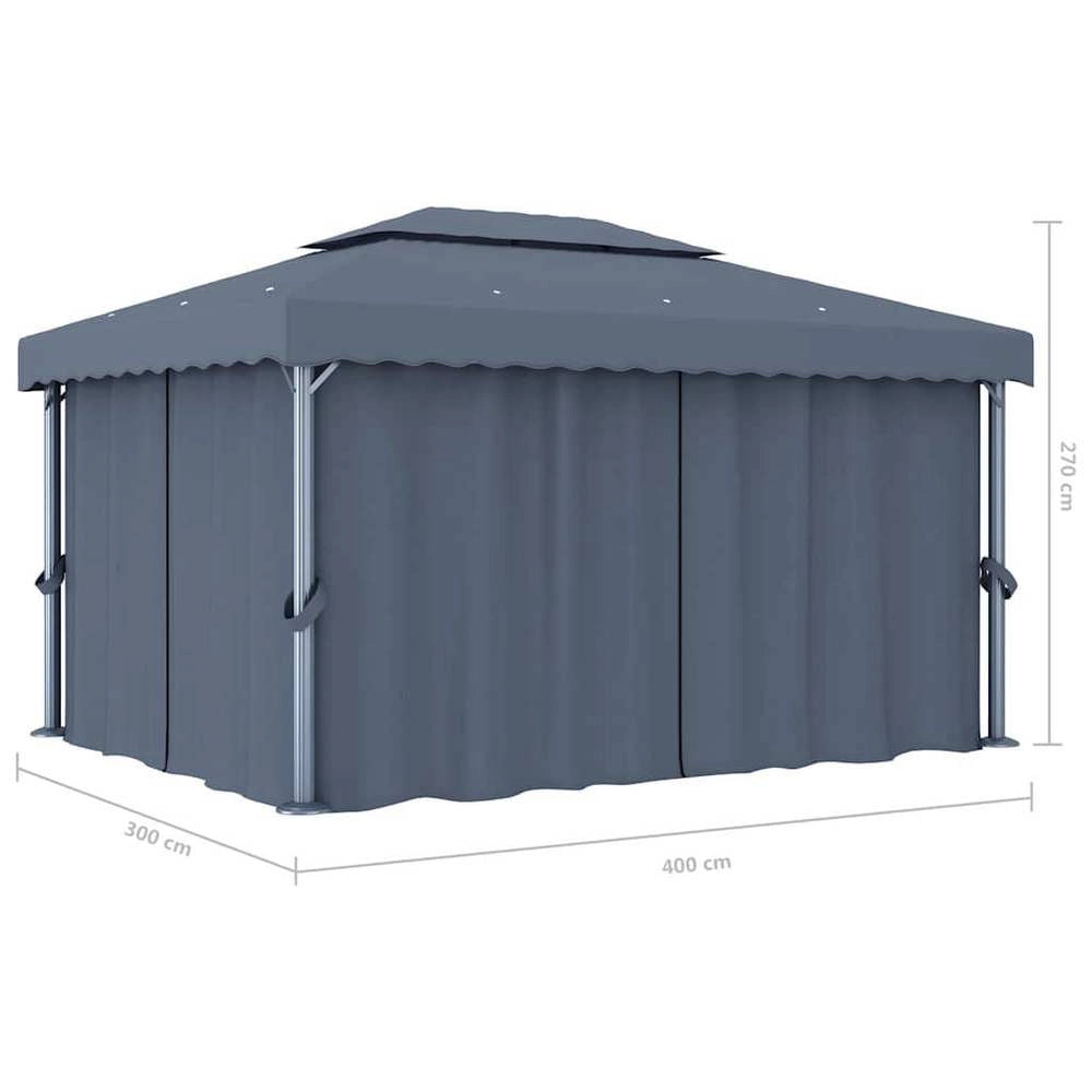 Pavilion With Curtains & LED String Lights 4x3 M Anthracite