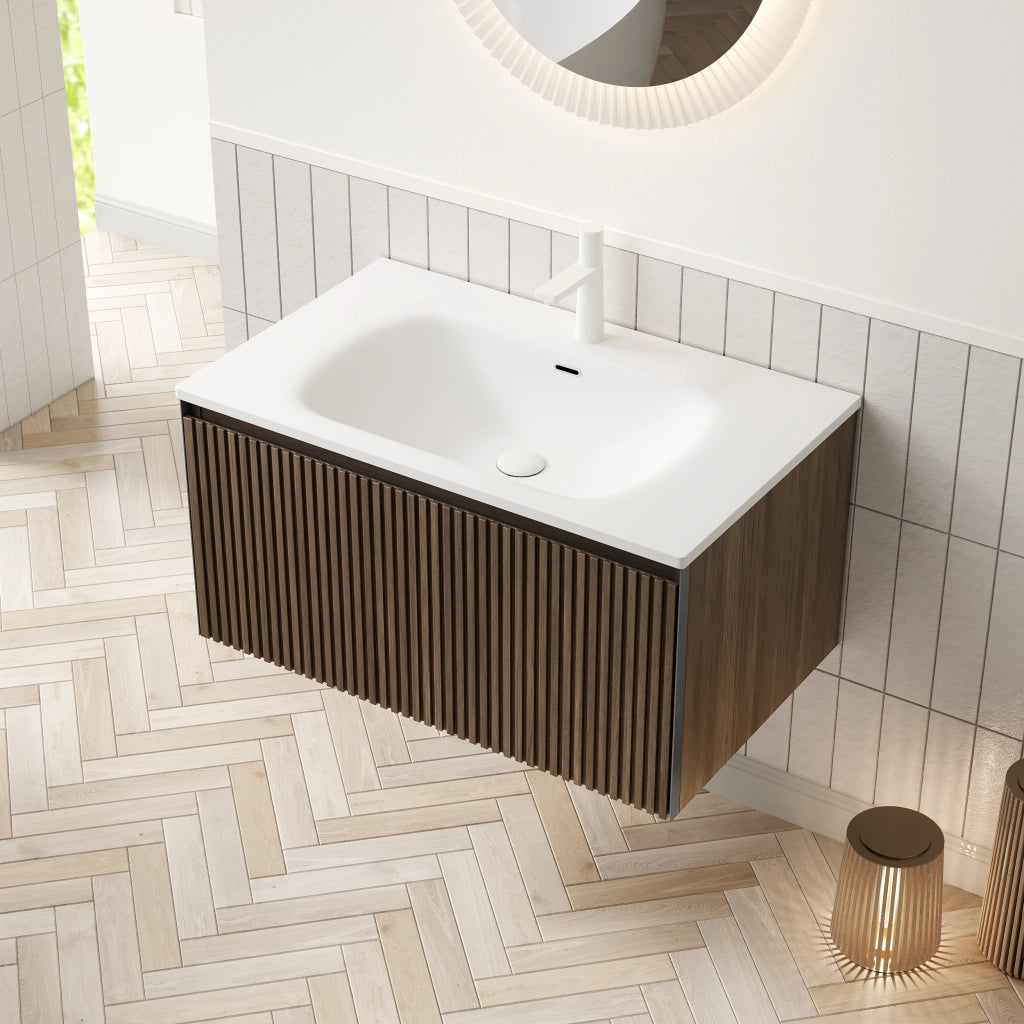 Mobile bagno sospeso con lavabo integrato e cassetto con chiusura ammortizzata; rovere marrone; 80×46×41.8 cm