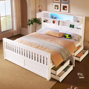 Letto 160x200 cm con cassetti; LED e testiera libreria in MDF e compensato bianco