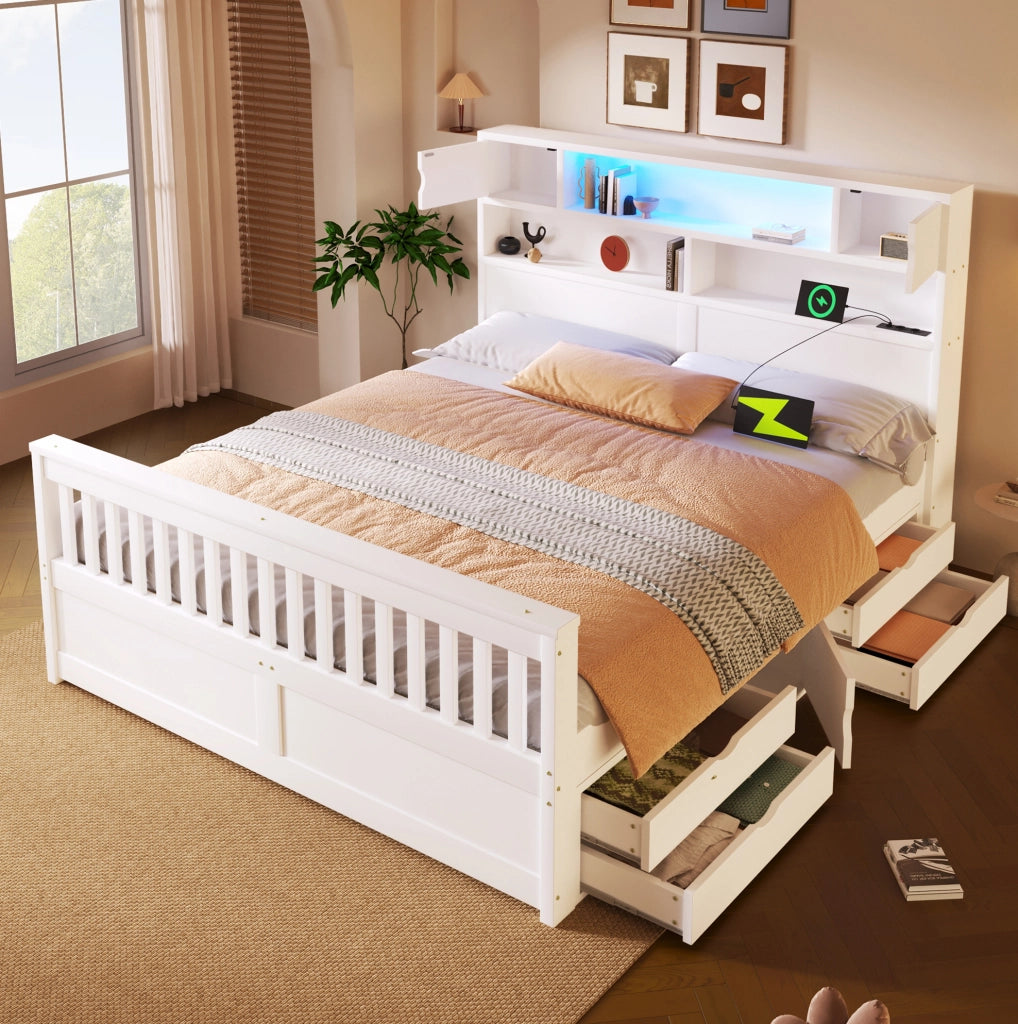 Letto 160x200 cm con cassetti; LED e testiera libreria in MDF e compensato bianco