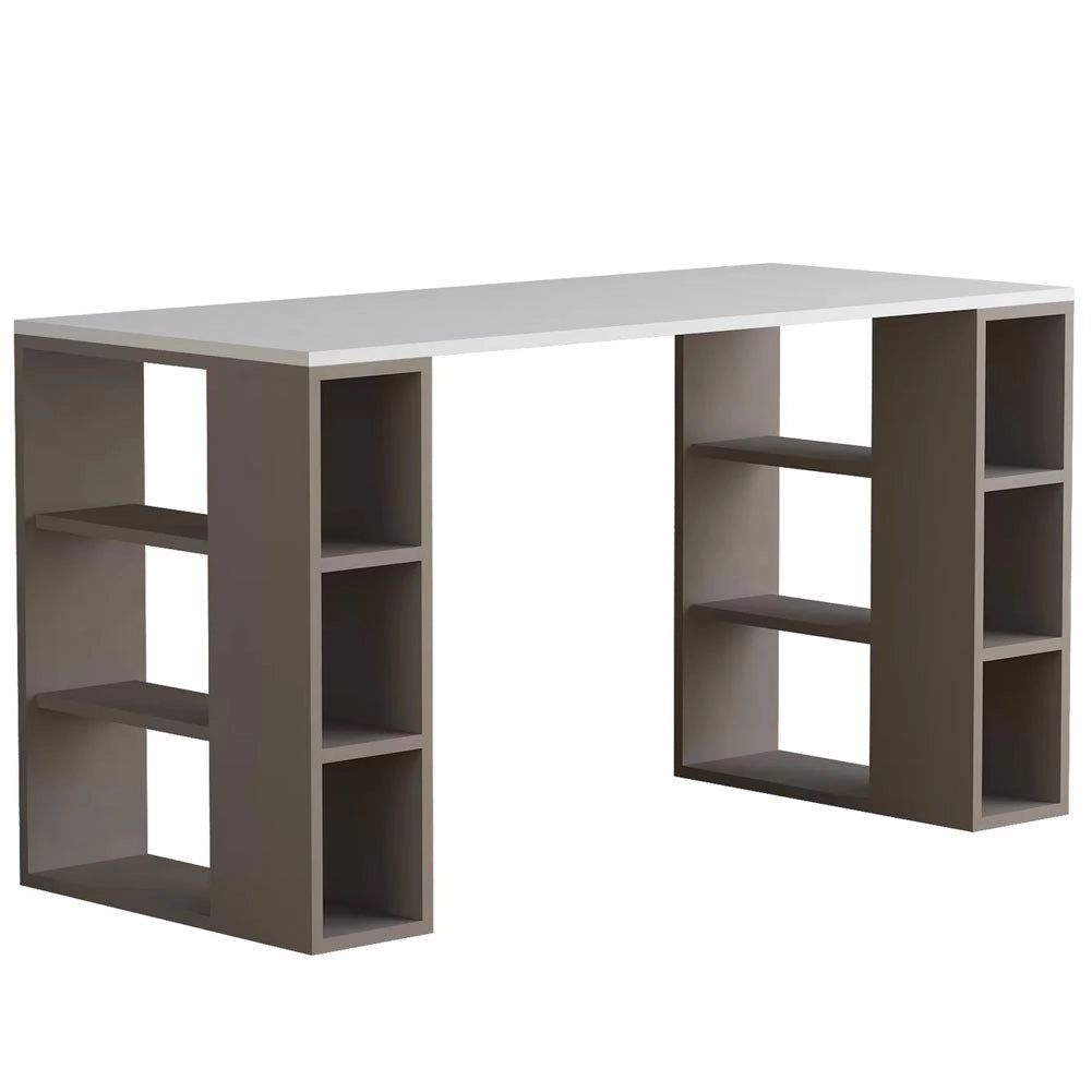 Scrivania con Libreria 6 Ripiani 140x60x75 cm Tavolo Porta Pc Computer in Legno Tortora