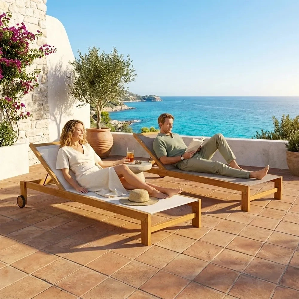 Set 2 Lettini Prendisole in Legno Teak con Ruote - Java Col. Beige