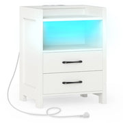 Tavolino moderno per divano per soggiorno e camera da letto, Comodino con luci LED e prese di corrente Bianco-Comodini