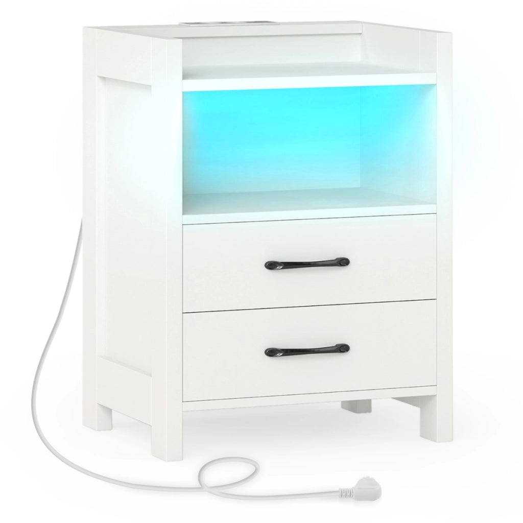 Tavolino moderno per divano per soggiorno e camera da letto, Comodino con luci LED e prese di corrente Bianco-Comodini
