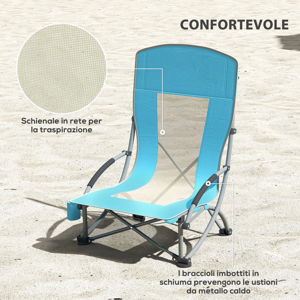 Set 2 Sedie da Spiaggia e Campeggio in Tessuto Pieghevoli con Braccioli con Borsa di Trasporto Blu