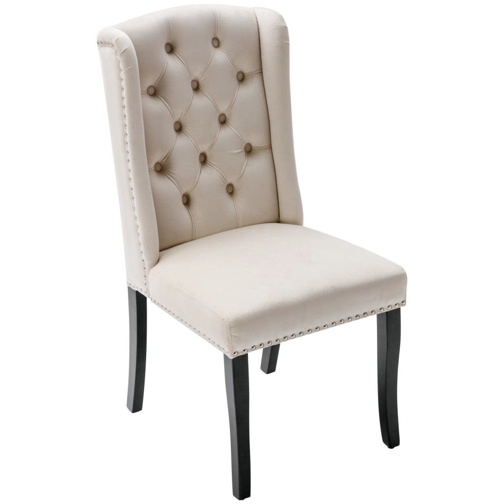Set di 2 sedie da pranzo in velluto beige con gambe in legno massello di quercia, schienale curvo e dettagli con borchie