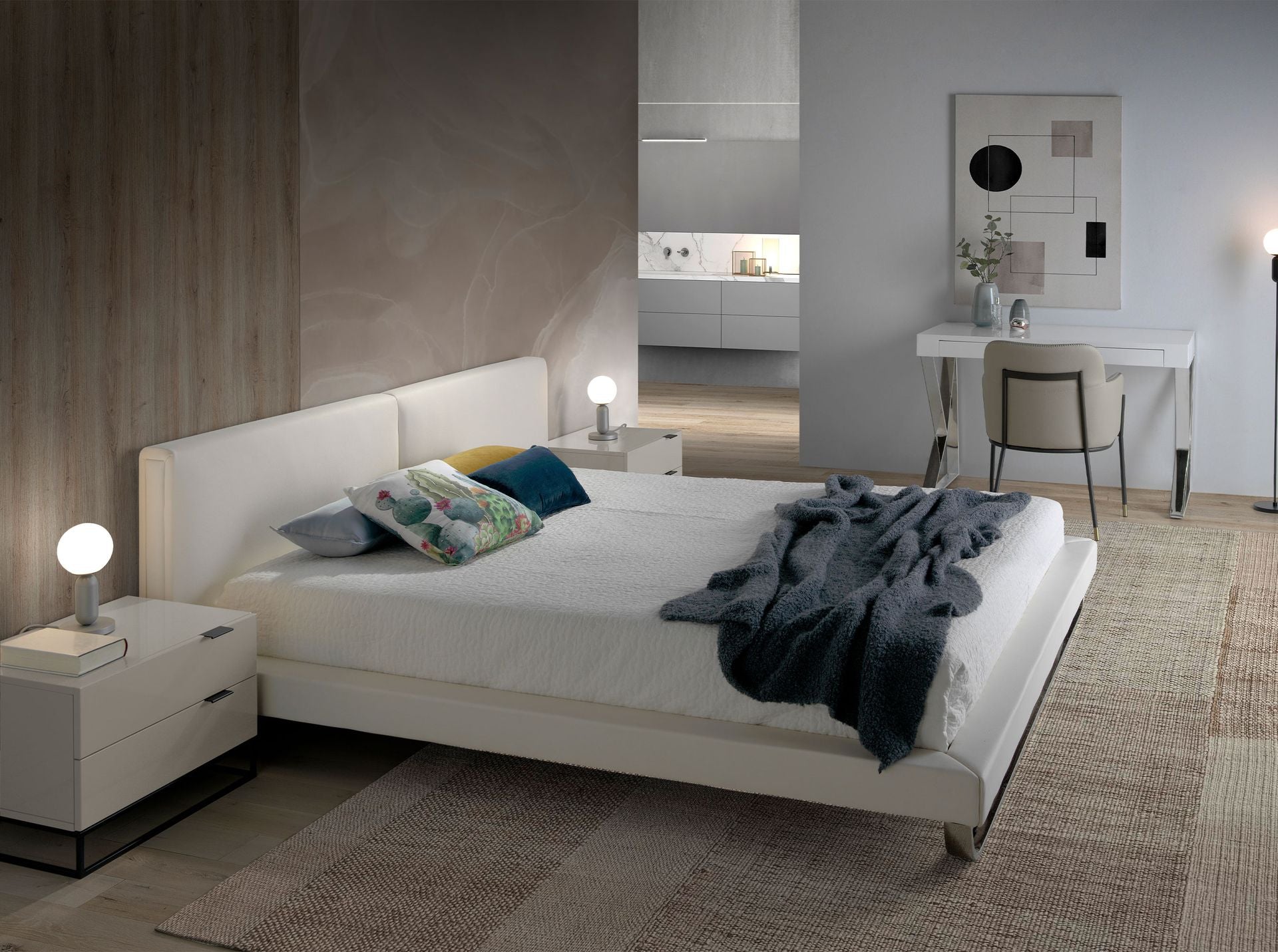 Comodino in legno grigio e acciaio nero