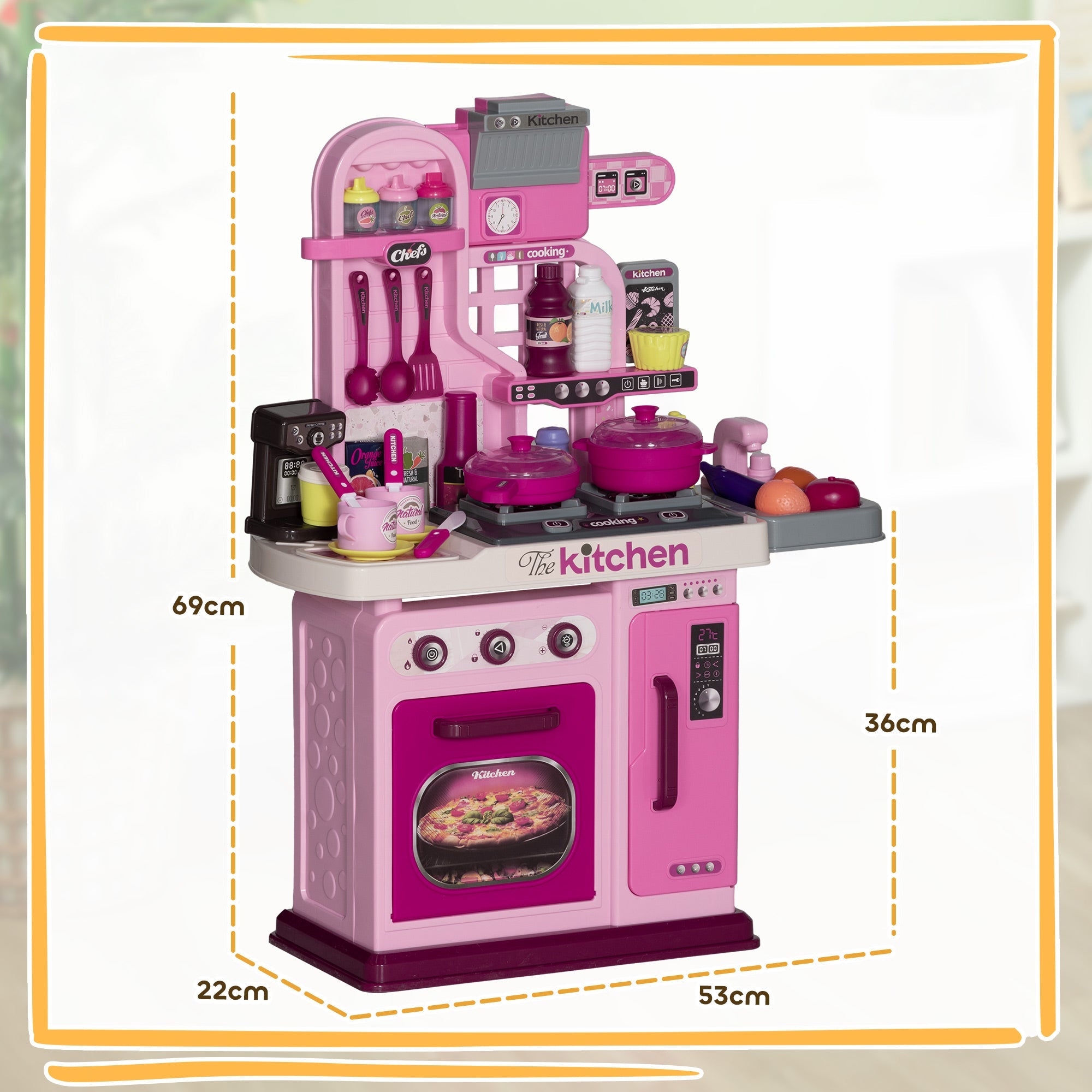 Cucina Giocattolo per Bambini 53x22x69 cm 33 Pezzi con Luci Suoni e Rubinetto Rosa