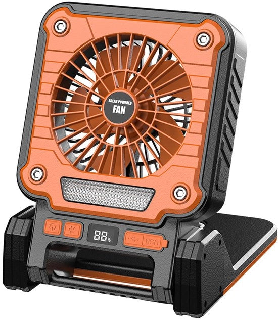 Ventilatore da Campeggio con Lampada LED - Lampada da Campeggio Solare - Ricaricabile tramite USB-C e Pannello Solare - Ripiegabile - Arancione