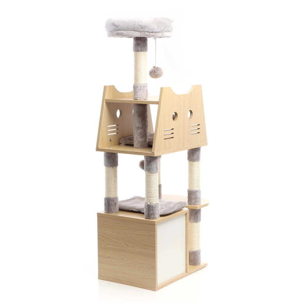 Fudajo Albero tiragraffi Legno grigio 126cm Con casetta per gatti, nicchia, colonne in sisal, cuccia
