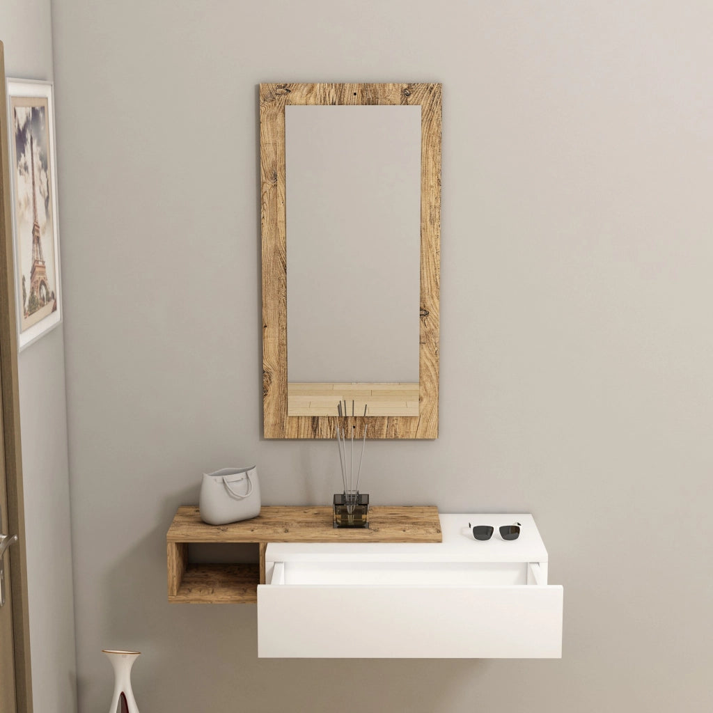 Consolle in legno con specchio "Vien" - 82 x 29 x 15 cm - Bianco