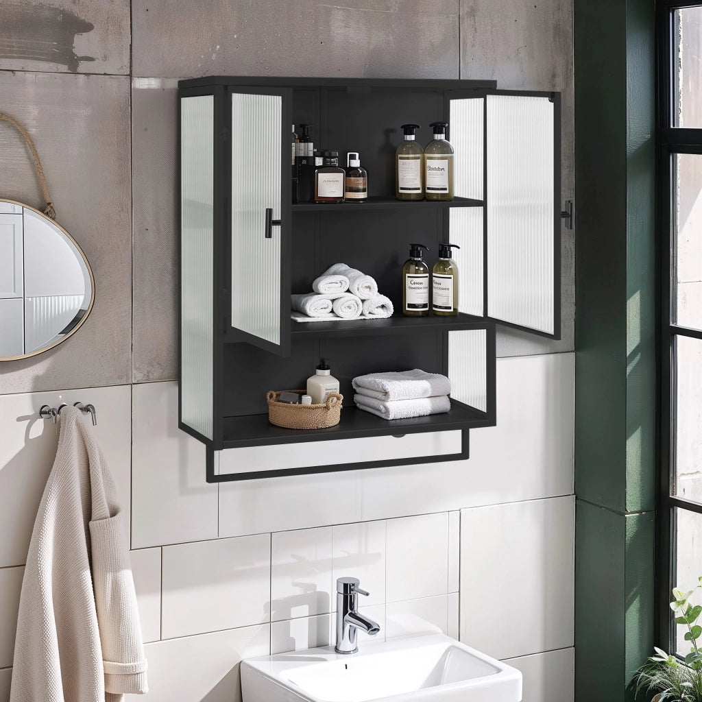 OKWISH Pensile con 2 ante, ripiano aperto e portasalviette, mensola rimovibile, per bagno, 60 x 23 x 78 cm