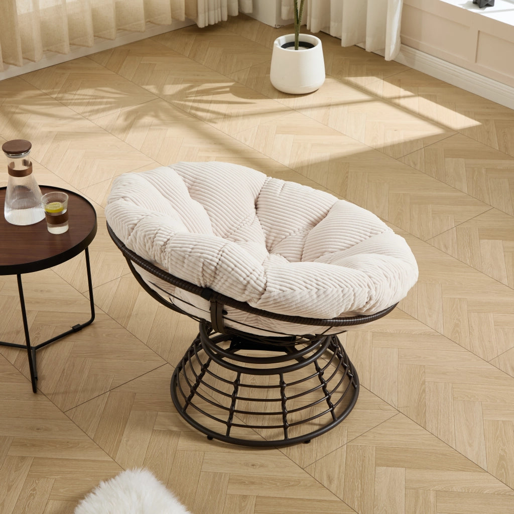 Sedia Papasan ergonomica girevole in vimini cuscino spesso velluto a coste colore bianco telaio marron versatile per arredamento interno ed esterno domestico