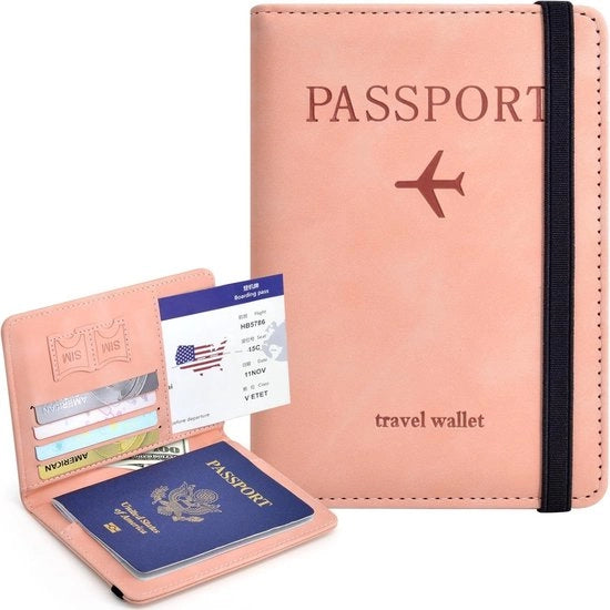 Portafoglio di viaggio - Portafoglio di cuoio PU - Blocca RFID - Portafoglio di viaggio con tasche per carte e cinturino elastico - Sicurezza antifurto - Accessori di viaggio per uomini e donne - 11 x 1,1 x 15,1 cm