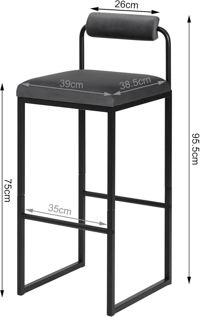 2x Sgabelli da Bar con Poggiapiedi, Sedie Alte con Schienale, Design Moderno, Sgabelli da Cucina Imbottiti in Velluto e Metallo, Grigio Scuro BH343dgr-2
