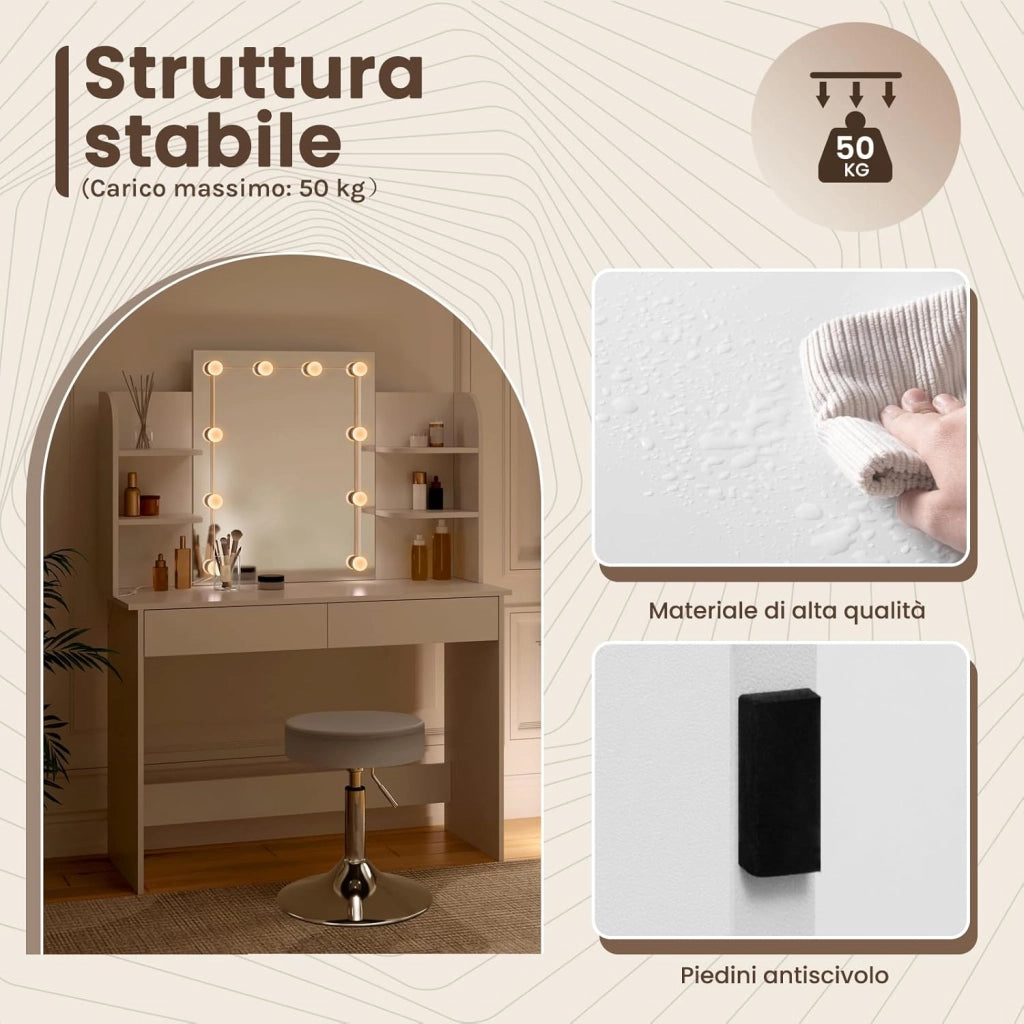 Toeletta Trucco con Specchio, Luci LED Luminosità Regolabile, Sgabello Girevole, 108x40 cm, Tavolo da Trucco Bianco con 2 Cassetti e 4 Ripiani, in Legno, MB6106ws