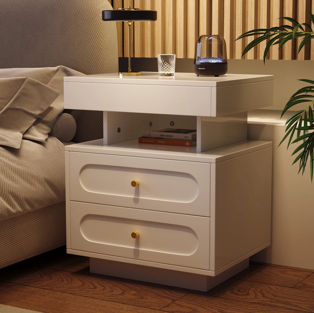Comodino bianco con LED, 2 cassetti e vano aperto, 50x40x60 cm