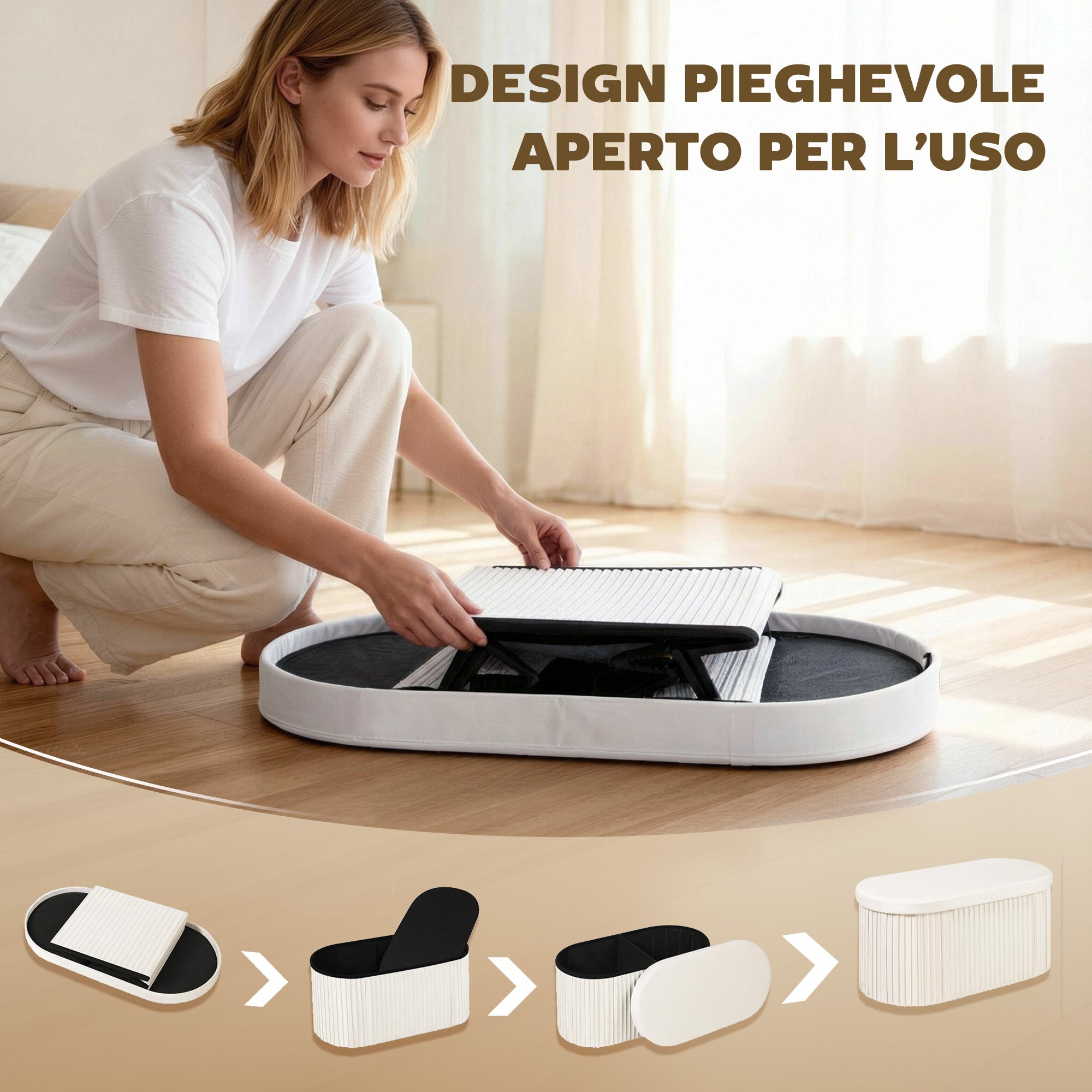 Pouf Contenitore Pieghevole 76x38x35 cm con Vano da 72L e Rivestimento in Velluto Crema