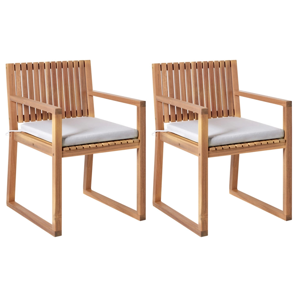 Set di 2 sedie da pranzo da giardino per esterni in legno d'acacia con cuscini grigio chiaro resistente agli agenti atmosferici dal design classico
